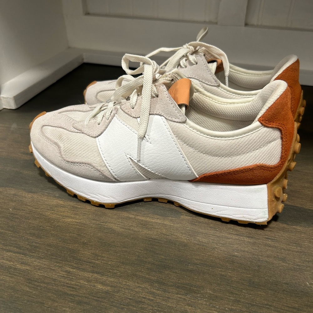 New Balance White and Tan Sneakers